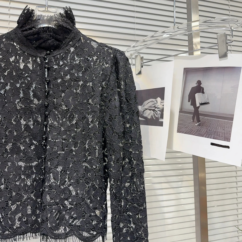 KTCZ Solid Spliced Lace Hollow Out Blouse For Women Long Sleeve Single Breasted Patchwork Print Minimalist Chic Blouse Female