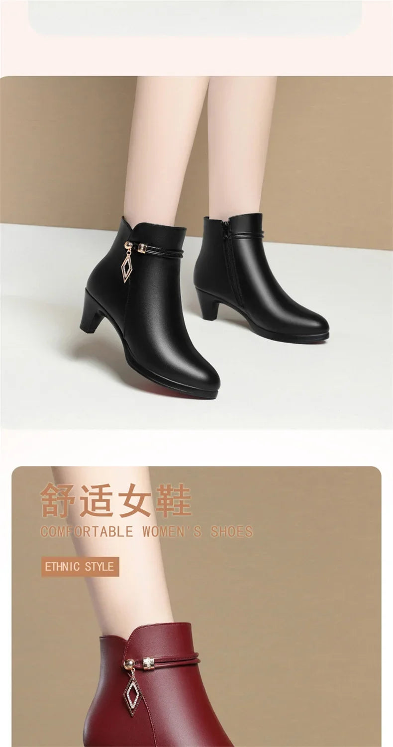 Comfort Fashion Soft Leather Winter Shoes Platform Boots 2024 Elegant Black Block High Heels Ankle Office Mom Boots