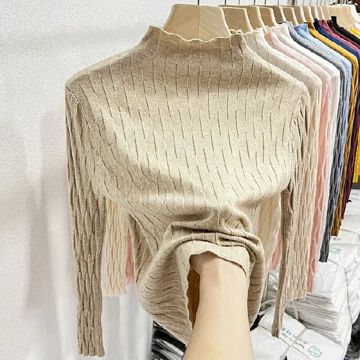 2025 Slim Fit Knitted Base Pullovers Autumn Winter Turtleneck Sweater Women's Solid Long Sleeve Casual Ruched Sweater
