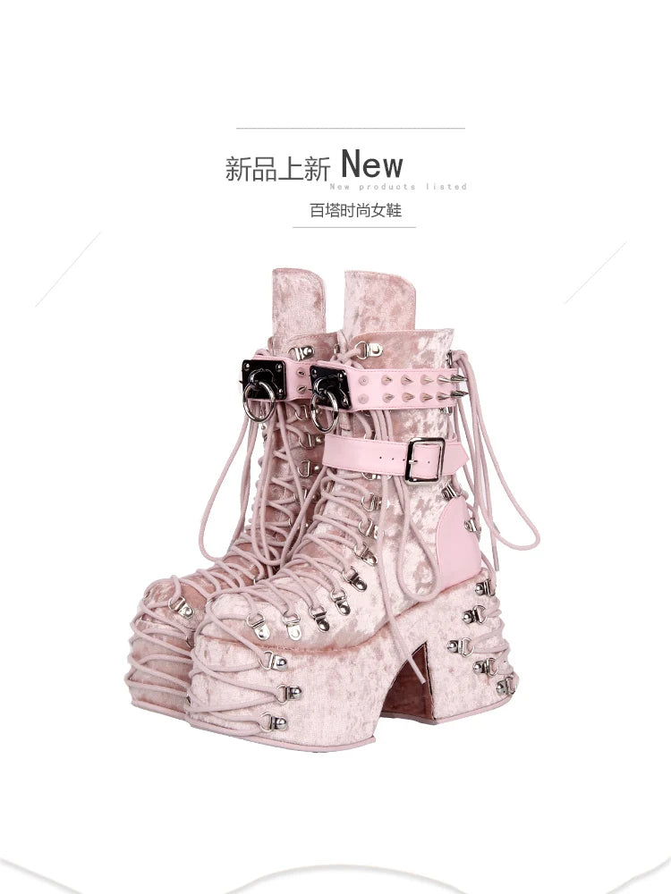 2025 Lolita Punk Punk Shoes Round Head Ultra High Heels Sponge Cake Queen Shoes Japanese Sweet Princess Boots