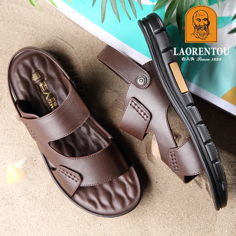 Laorentou Genuine Leather Summer Casual Beach Shoes, Cowhide Soft Soles, Anti Slip, Dual-Purpose Sandals for External Wear2050606