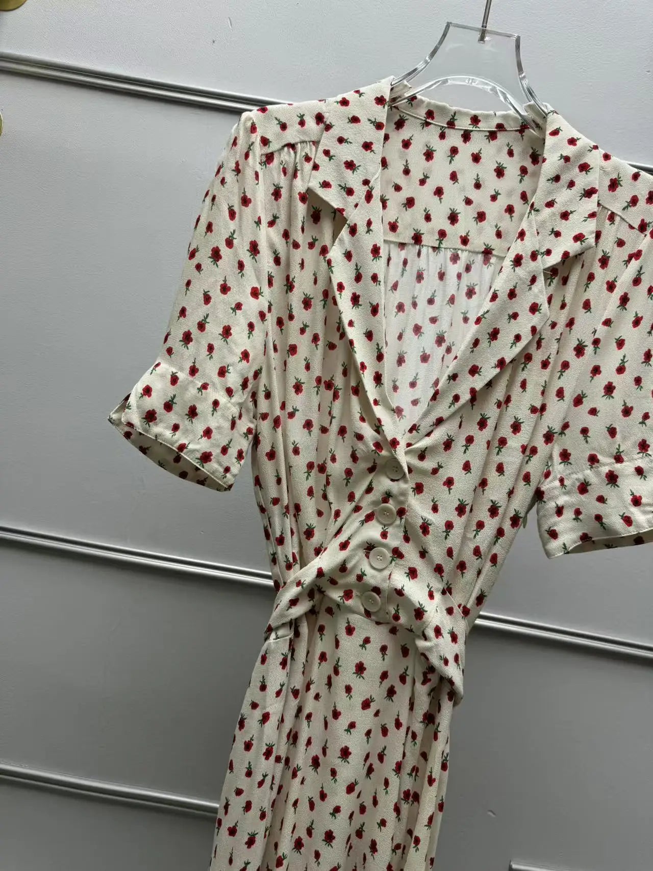 Women's Rose Printed Dress Prairie Chic Spring Summer Lady Short Sleeve Turn-Down Collar Waist Lace-Up Robe