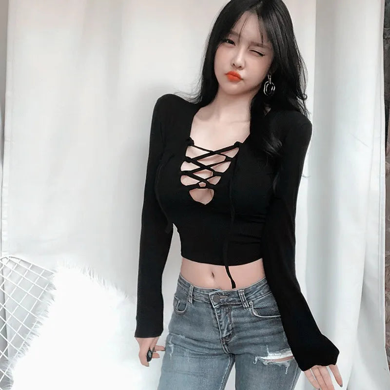 Women's T Shirt Hollow Exposure Navel Long-sleeved Short Crop Top Black