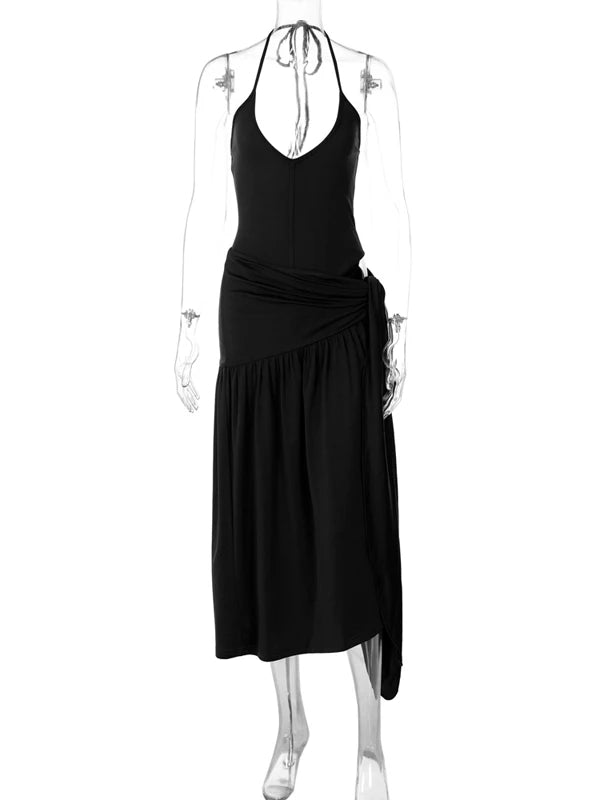 Women Sexy Cut Out Dress Sets Halter Deep V Neck Bodysuit and Tie Maxi Long Skirt Set 2025 Summer Two 2 Piece Vacation Outfits