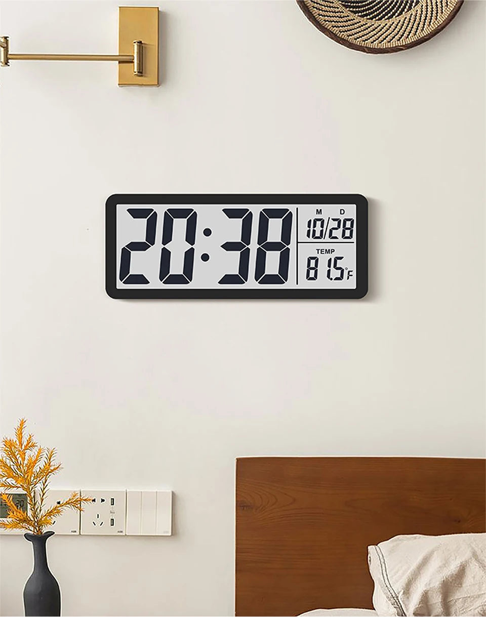LCD Digital Wall Clock Time with Date Temperature Display Electronic Alarm Clock Modern Table Clock for Bedroom Home Decoration