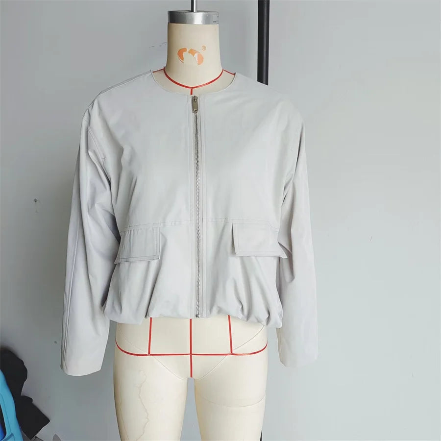 2025 Autumn Fashion Pocket Windbreaker Jackets Women Loose Crewneck Chic Outerwear Coat Female Short Jacket Mujer Clothes