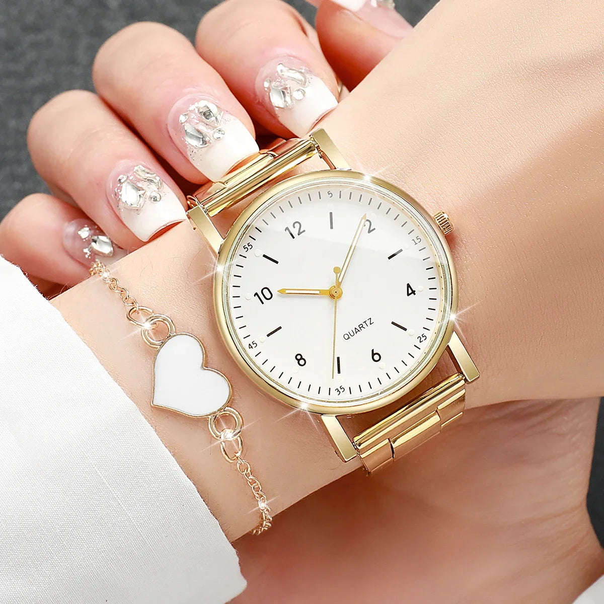 2/4PCS Fashion Arabic Dial Women Watches Heart Bracelets Set Simple Alloy Band Quartz Wristwatch Reloj Mujer（Without Box）