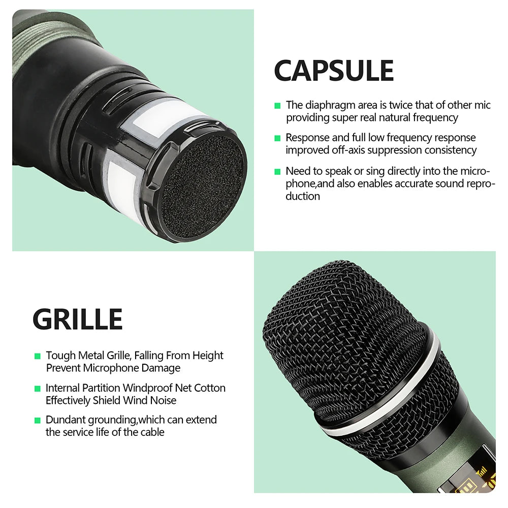 Rechargeable Battery Microphone 2 Channel UHF Wireless Microphone Dual Handheld Dynamic Adjust Frequency For Stage 200ft DL602