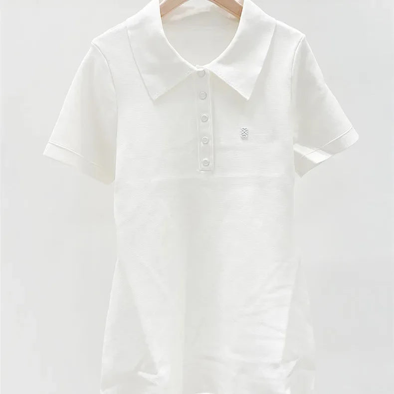 White or Black Women A-Line Knit Dress Slim Short Sleeve Front Letter Female Pleated Mini Robe 2025 New