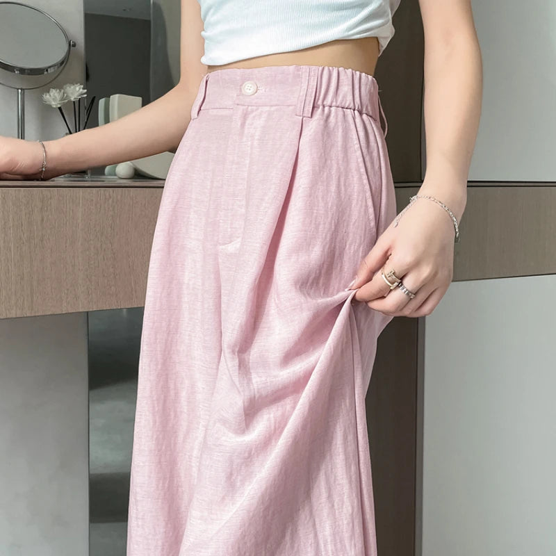 2025 Summer New Cotton and Linen Women's Wide Leg Pants Solid Ice Silk High Waist Straight Casual Loose Suit Trousers Female