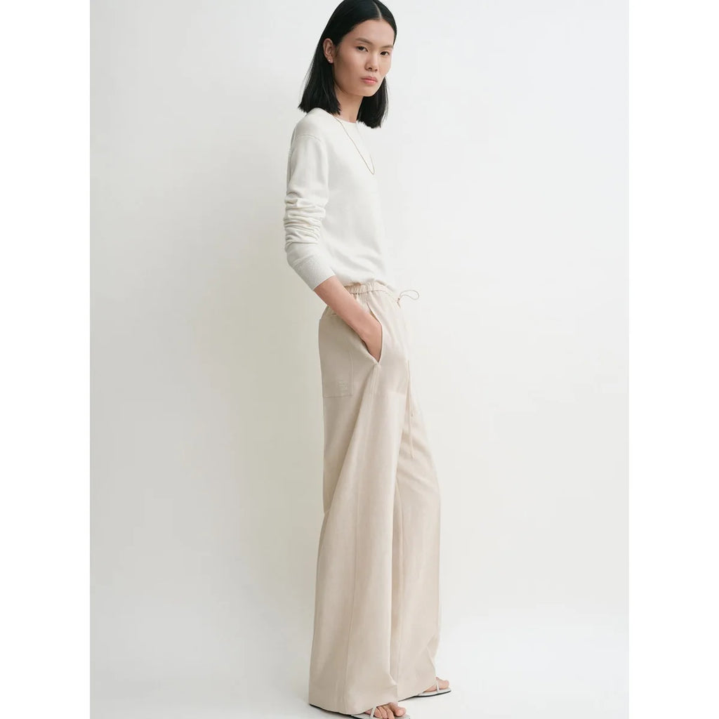 Women 2025 Summer Simple New Style Linen Blend Drawstring High Waist Wide-leg Trousers