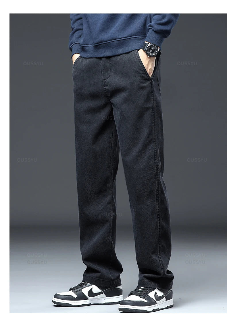 Spring Autumn New Upgraded Lyocell Fabric Jeans Men Loose Straight Elastic Waist Casual Denim Pants Trousers Male Large Size 5XL