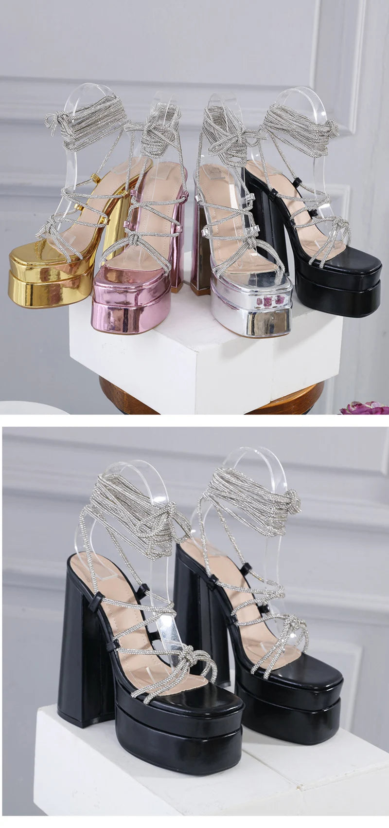 MM2025 New Arrival Rhinestone Embellished Knot T-Strap Heels Roman Peep-toe Summer Sandals Shiny Perfomance Anniversary Footwear