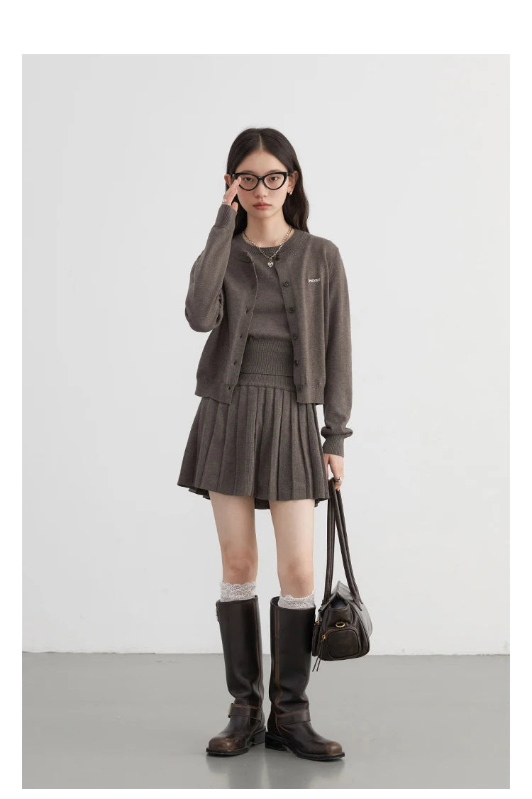 CHIC VEN Women Skirt Sets Solid Knitted Cardigan Short Sleeved Top Female Pleated Skirt Three Piece Optional Spring Autumn 2024