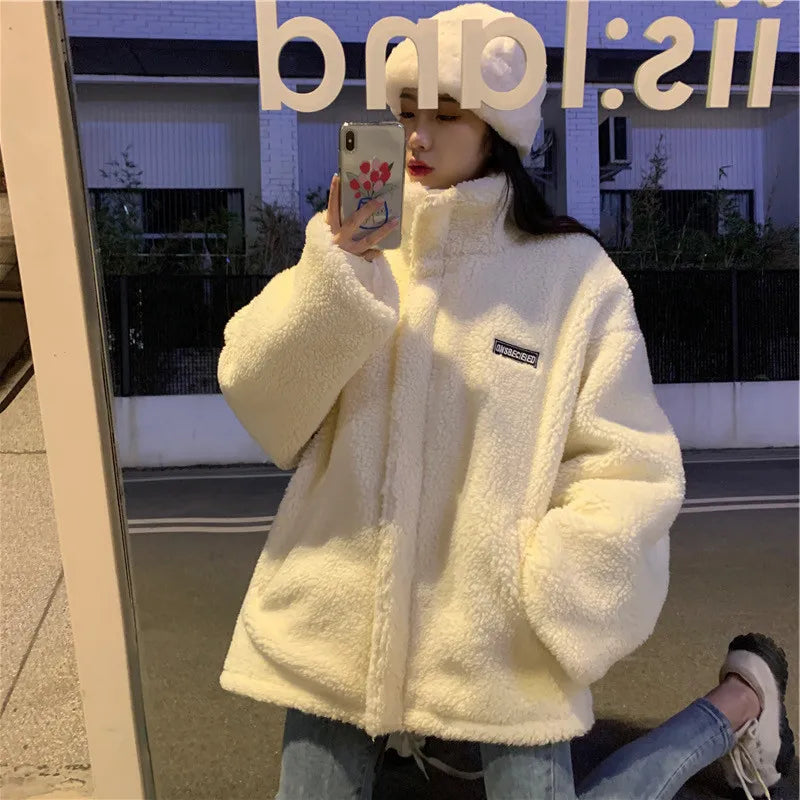 Women Winter Thicken Lamb Wool Coat Faux Fur Warm Stand Collar Outerwear Female Zipper Loose Jacket Full Sleeved Sweatshirts