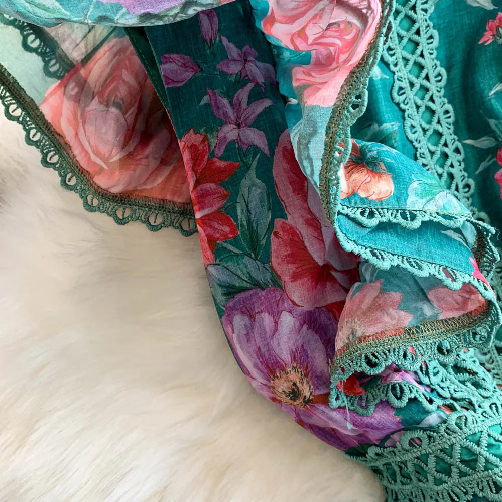 Ele Lace Splice Waist Cinching Long Dr Korean Sle Print Blouse Svel Midi Skirt High Waist A-Line Silhouette