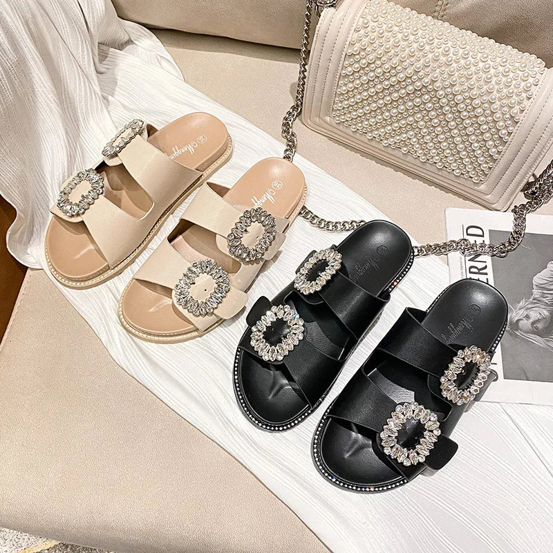 2025 Brand Rhinestone Buckle Sandals Women Double Band Slippers Crystal Shoes Ladies Casual Slides Slip On Flat Heels Flip Flops