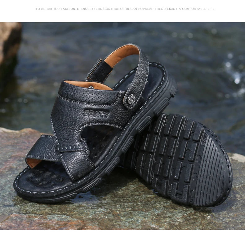 LAORENTOU cowhide breathable outdoor leisure beach shoes, anti slip thick sole leather sandals for external wear