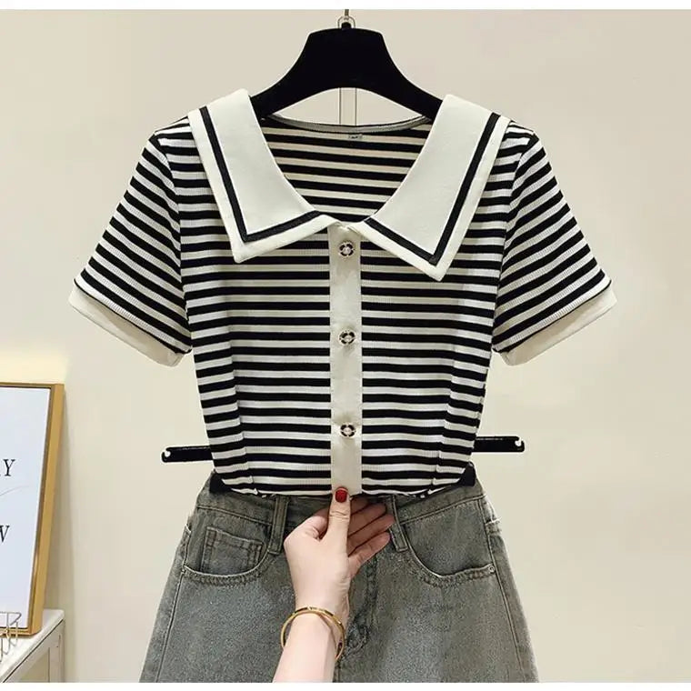 Summer Elegant Loose Polo-neck Knit Pullover Women Fashion Patchwork Button Short Sleeve T-shirt Office Lady Chic Tops 40-100Kg