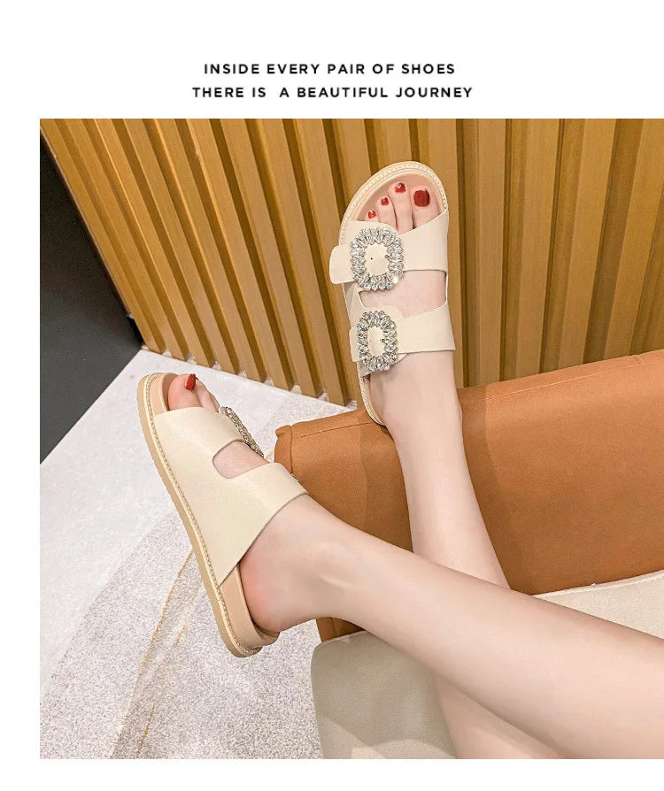 2025 Brand Rhinestone Buckle Sandals Women Double Band Slippers Crystal Shoes Ladies Casual Slides Slip On Flat Heels Flip Flops