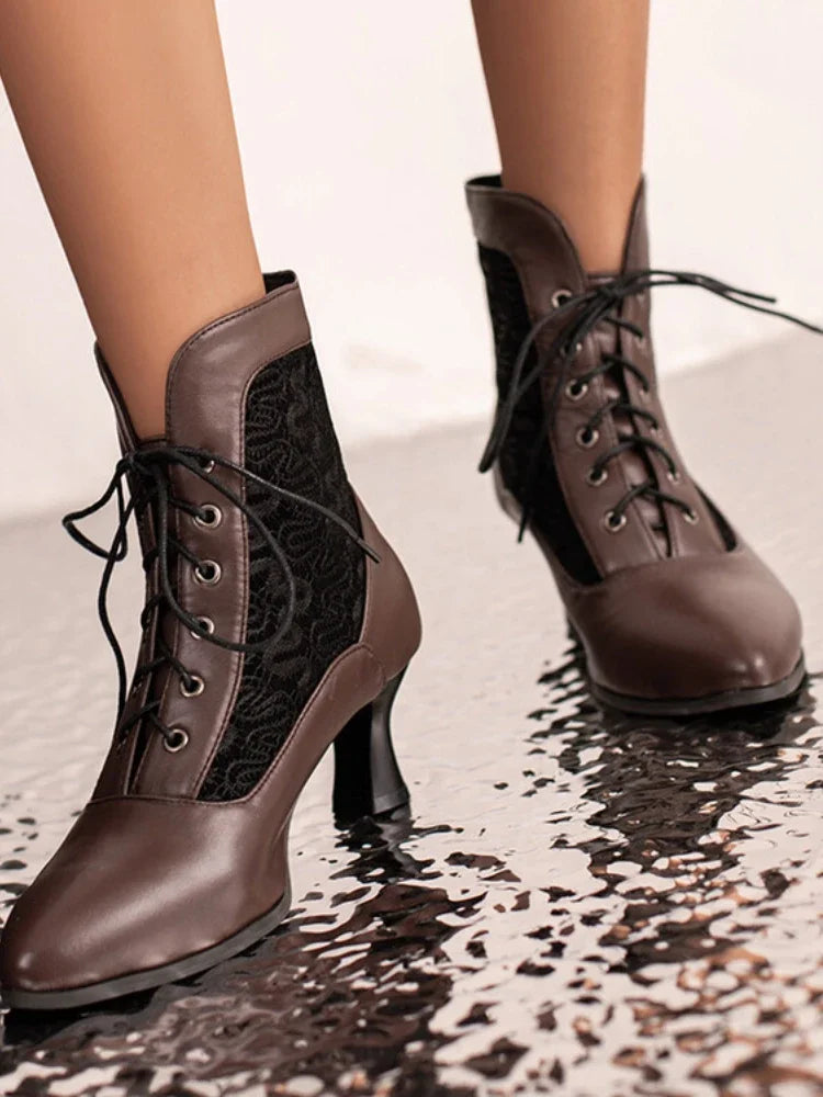 Women Victorian Ankle Boots Leather Lace Heel Shoes for women  Fashion Lace Up Spliced Ladies High Heels Woman Boots Ankle 46