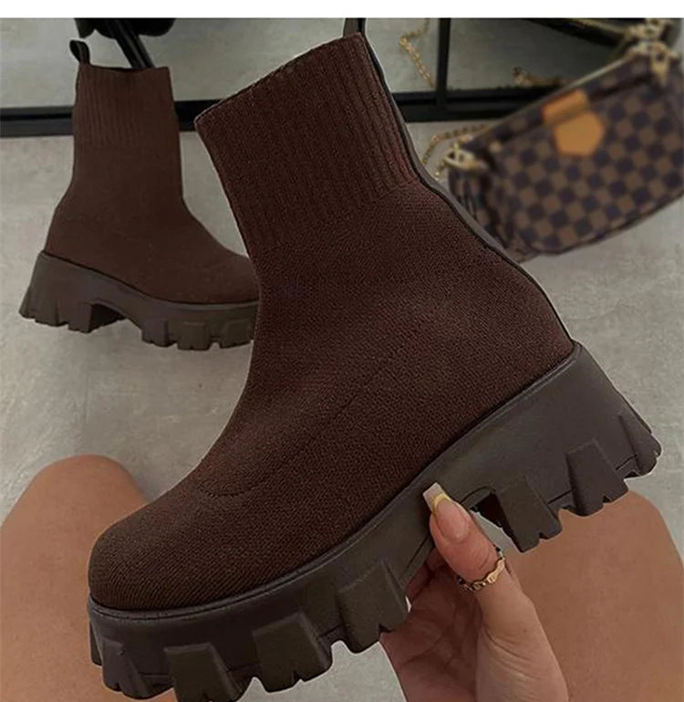 Women Boots Short Knitting Platform Boots Autumn Winter Shoes For Women Ankle Boots Heels White Winter Botas Mujer