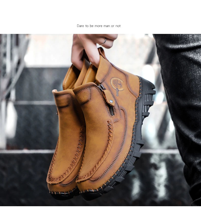 Men Boots Autumn Winter New Handmade High-top Casual Shoes Outdoor Non-slip Hiking Men Shoes Zipper Ankle Boots Plus Size 38-48