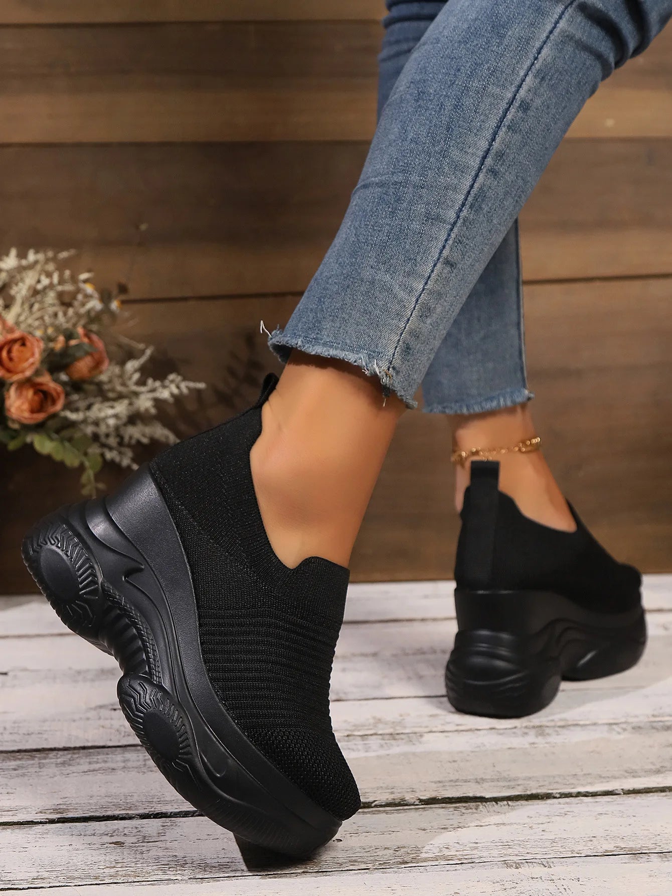Heightening Thick Sole Fashionable Ladies Shoes 2025 Autumn New Black Mesh Breathable Casual Slip-on Women's Vulcanized Shoes