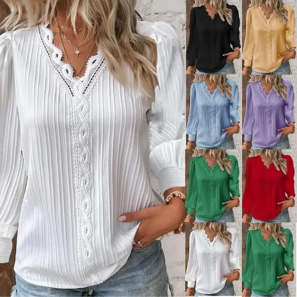 Stitching V-neck Long Sleeve Women's Pullover Chiffon Shirt Lace Stitching Shirt Loose Fall Top Simple Elegant Street Blouse