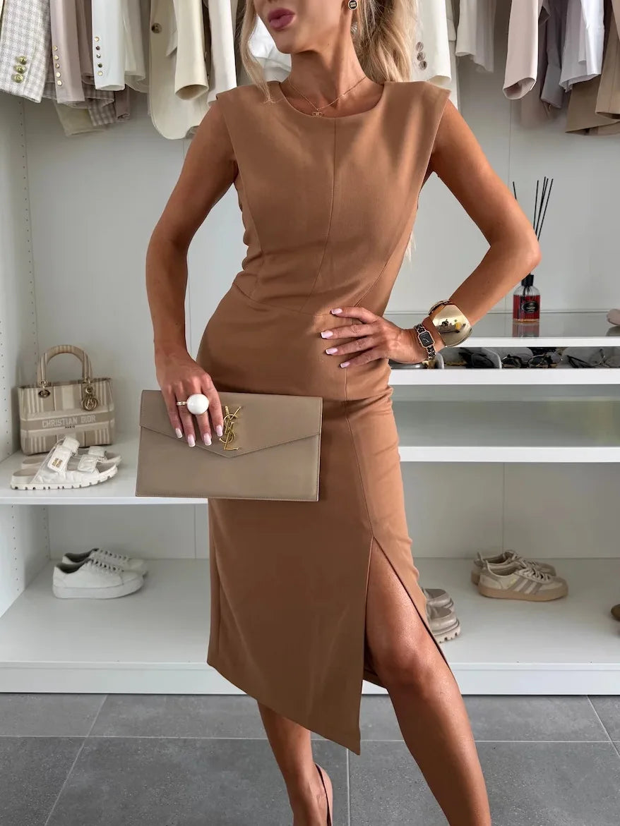 Spot trade 2025 new European and American round neck elegant slit plain color slim fit dress for women