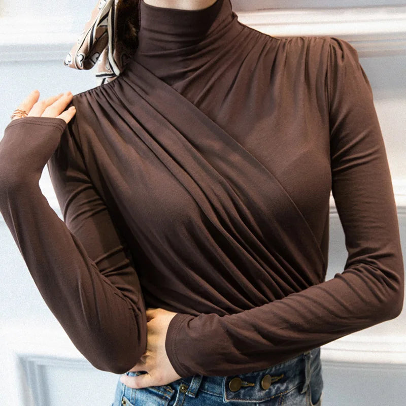 EVNISI Women Casual Thickening Warm Shirt Elegant Office Long Sleeved T-shirt Mock Neck Women Bottoming Tops 2024 Autumn Winter