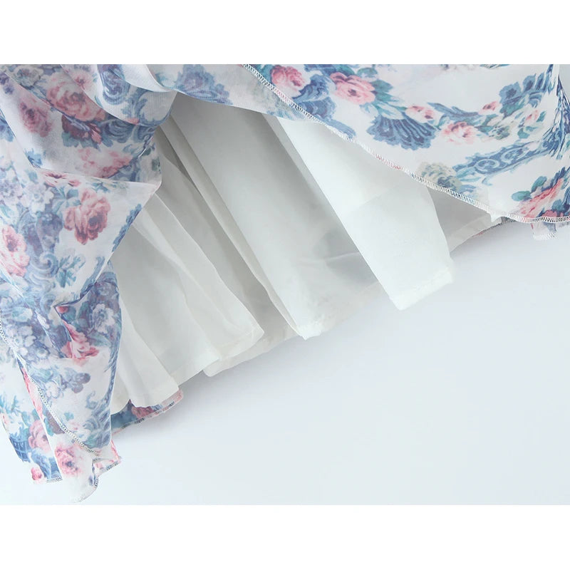 YENKYE Boho Blue Floral Print Mini Dress Women Puff Sleeve Lace Spliced A-line Beach Holiday Summer Dresses 2025 Short Robe