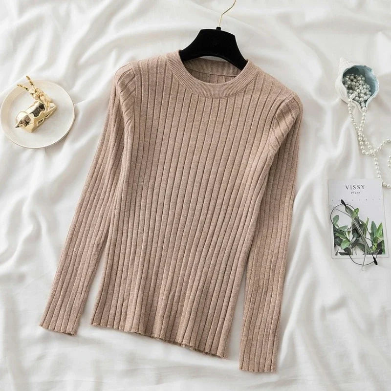 Autumn Winter 2025 Tops Pullovers Women Sweaters Knit Soft Jumper Tops O-Neck Ribbed Long Sleeve Korean Slim-fit Female Sweater
