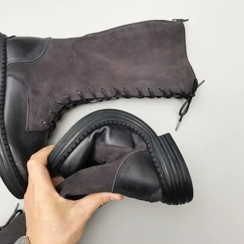 Autumn 2024 Shoes Long Noses Riding Boots Natural Leather Wide Toe Women's Boots Kne-High Cowhide Suede Single Lace-up booties