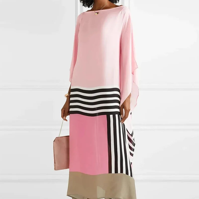 Candy Stripe Print Patchwork Kaftan Dresses Women’s Spring Round Neck Irregular Long Dress Summer Batwing Sleeve Boho Maxi Dress