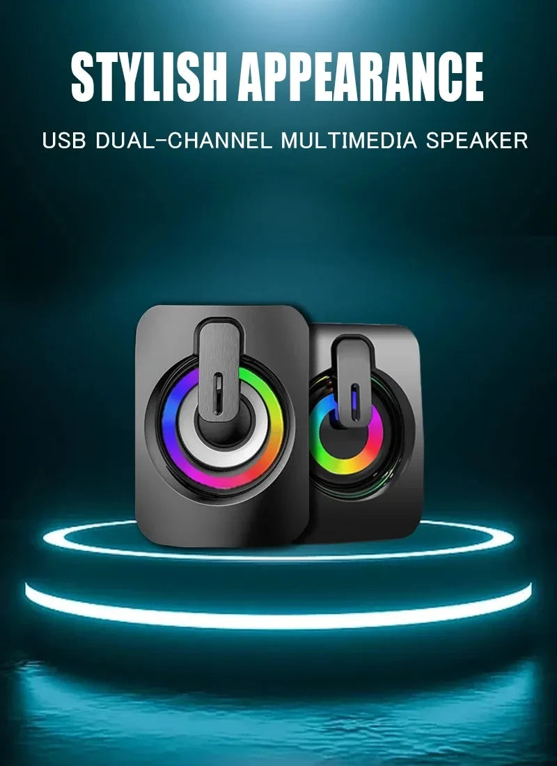 USB Powered Speaker Portable MiniSubwoofer With RGB Lights Volume Control 3.5mm AUX-in HiFi Stereo Sound Desk Audio System