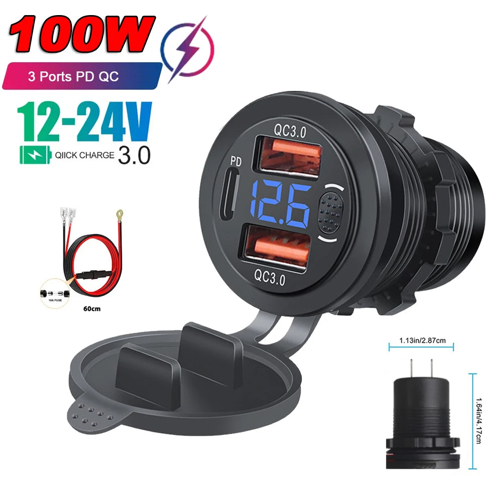 100W USB Outlet Car Charger Dual QC3.0 & PD 3 Ports USB C Socket with Voltmeter Touch Switch for Car Boat Marine Truck RV