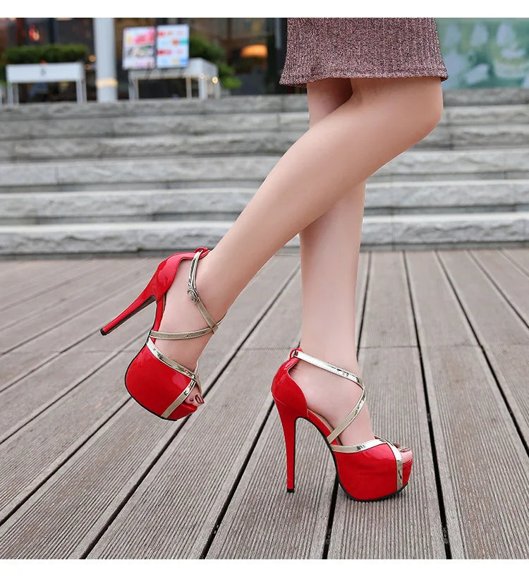 European and American runway style hollow cross strap fish mouth sandals nightclub style