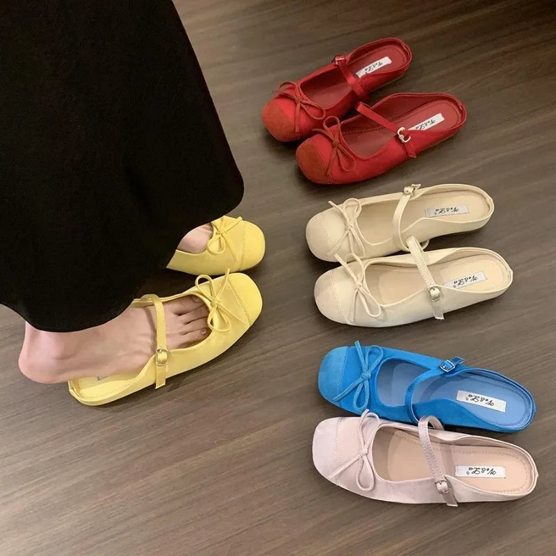 New Style Luxury Satin Silk Ballet Shoes Woman Classic Square Toe Bowtie Elastic Band Ballerina Flats Ladies Soft Loafers