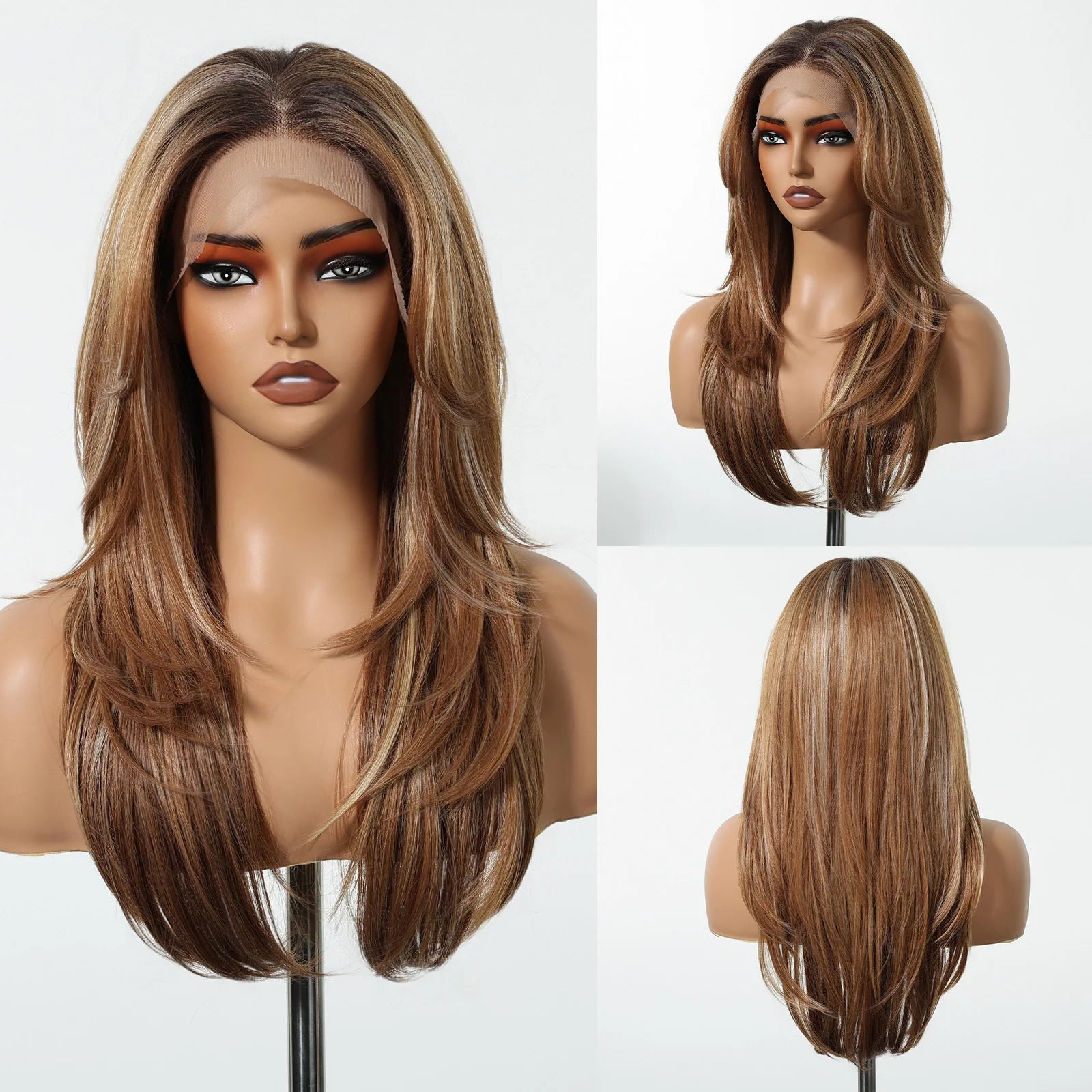 HD 13x6 Lace Frontal Wigs Ombre Brown Synthetic  Hair Long Straight Wigs Daily Use Party Wig for White Women Heat Resistant