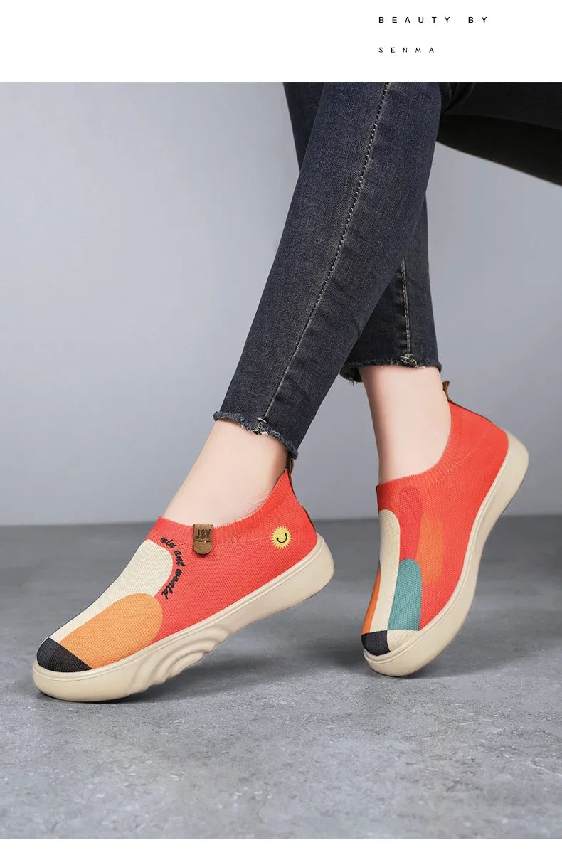 Spring and summer women's breathable knitted sports shoes, casual sponge shoes, lightweight mesh low top shoes  platform boots