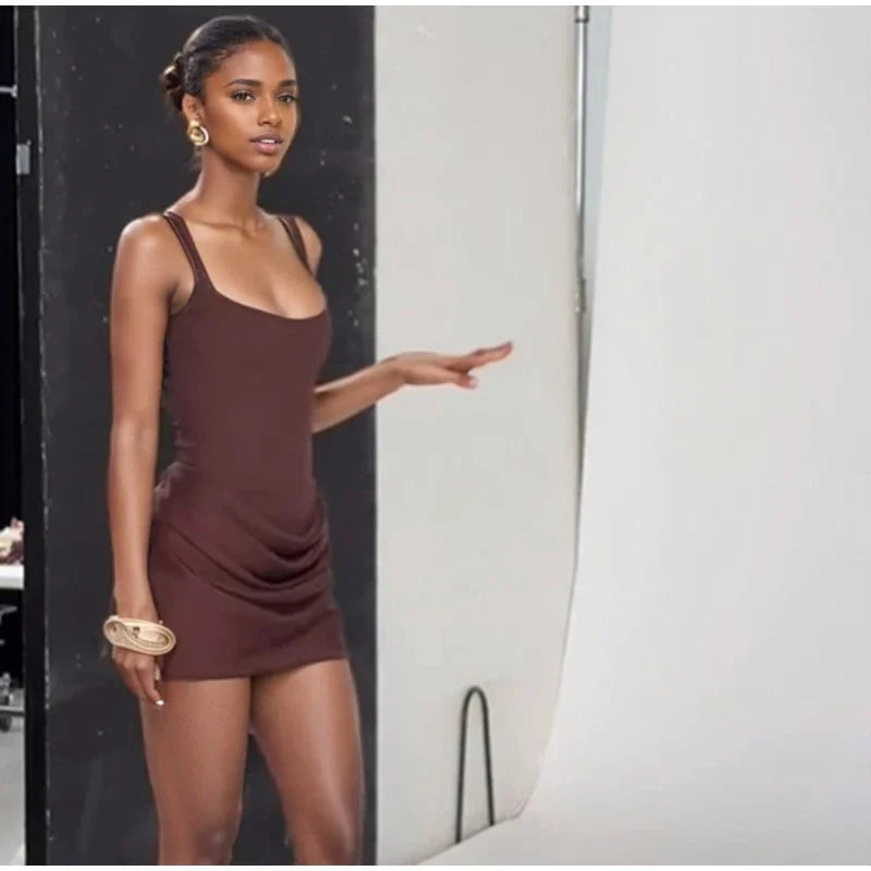 2025 Pleated Hem Bandage Dresses Women's Sexy Backless Mini Dress Chic Autumn U-neck Sleeveless Slim Lady Party Evening Gowns