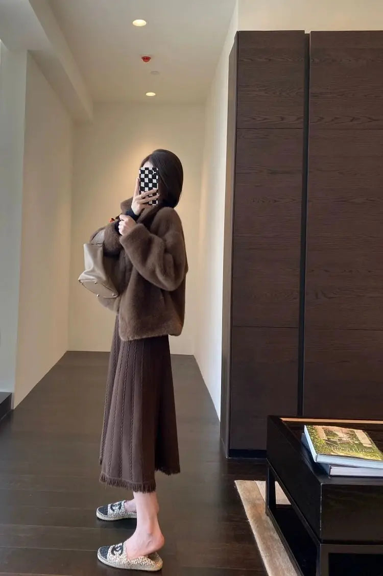 Spring Autumn Lady Short Leather Fur Outwear 2024 Women Fashion Stand Collar Mink Fur Top Female Long Sleeves Fox Jacket