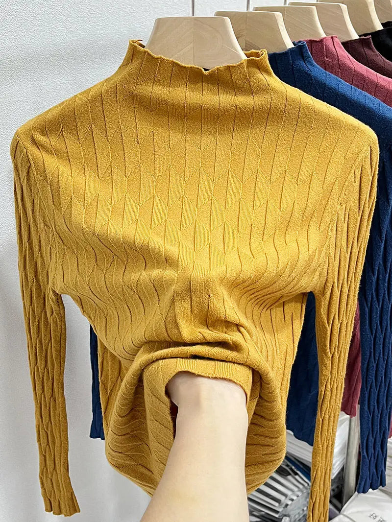 2025 Slim Fit Knitted Base Pullovers Autumn Winter Turtleneck Sweater Women's Solid Long Sleeve Casual Ruched Sweater