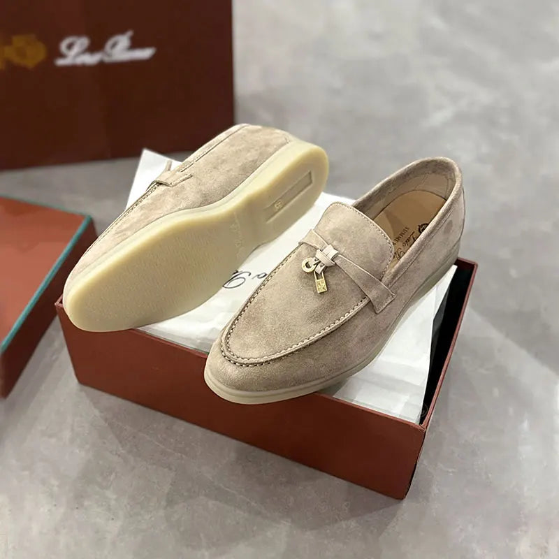 Summer Walk Genuine Leather Casual Slip-On Loers Women's Faion Single oes Comfortable round Toe Flat Heel All-Match Color