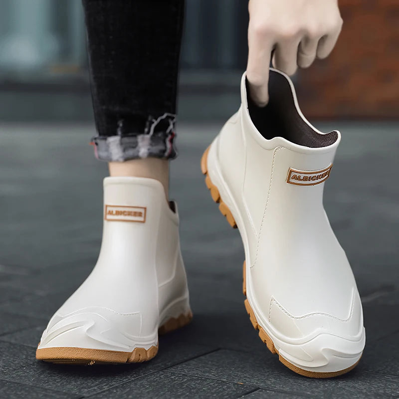 Fashion Contrast Color Black Red Sole Short Rain Boots Men's Outerwear Versatile Non-slip Wading Khaki Rubber Shoes Work Shoes