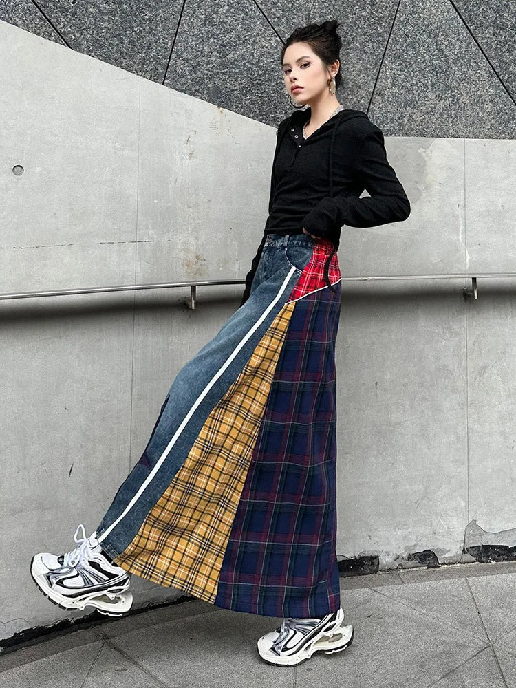 [EAM] High Elastic Waist Blue Back Plaid Denim Long A-line Half-body Skirt Women Fashion Tide New Spring Autumn 2025 1DH8117