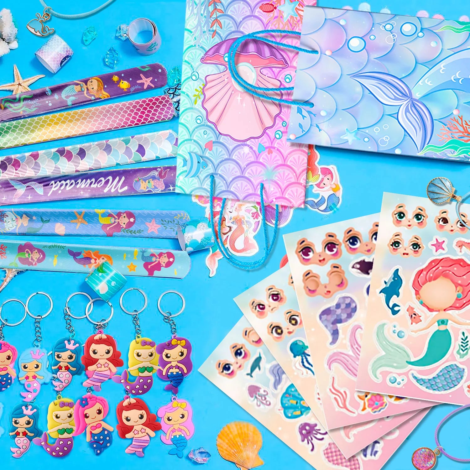 84pcs Mermaid Party Favors for Boys and Girls with Mermaid Birthday Rings Keychain Slap Bracelets Bags Hair Clips Necklace etc