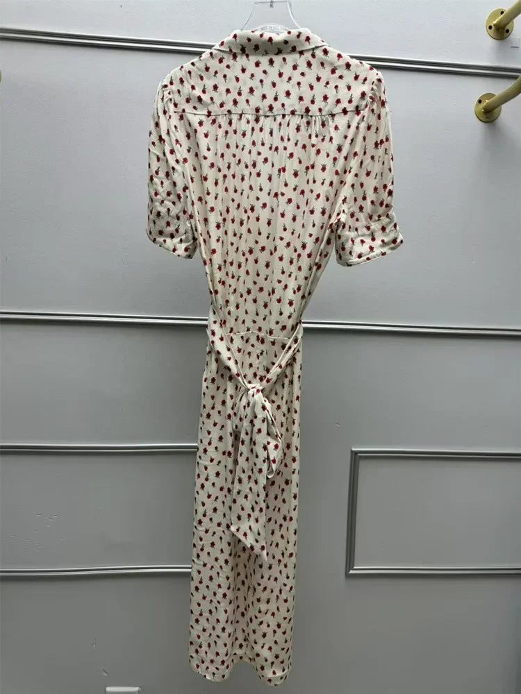 Women's Rose Printed Dress Prairie Chic Spring Summer Lady Short Sleeve Turn-Down Collar Waist Lace-Up Robe