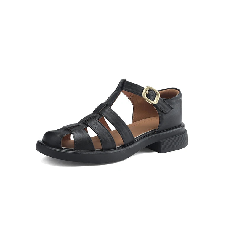 New Summer Sandals Genuine Leather Luxury Roman Sandals Casual Buckle Strap Summer Shoes GLADIATOR Thick Heel Women Shoes